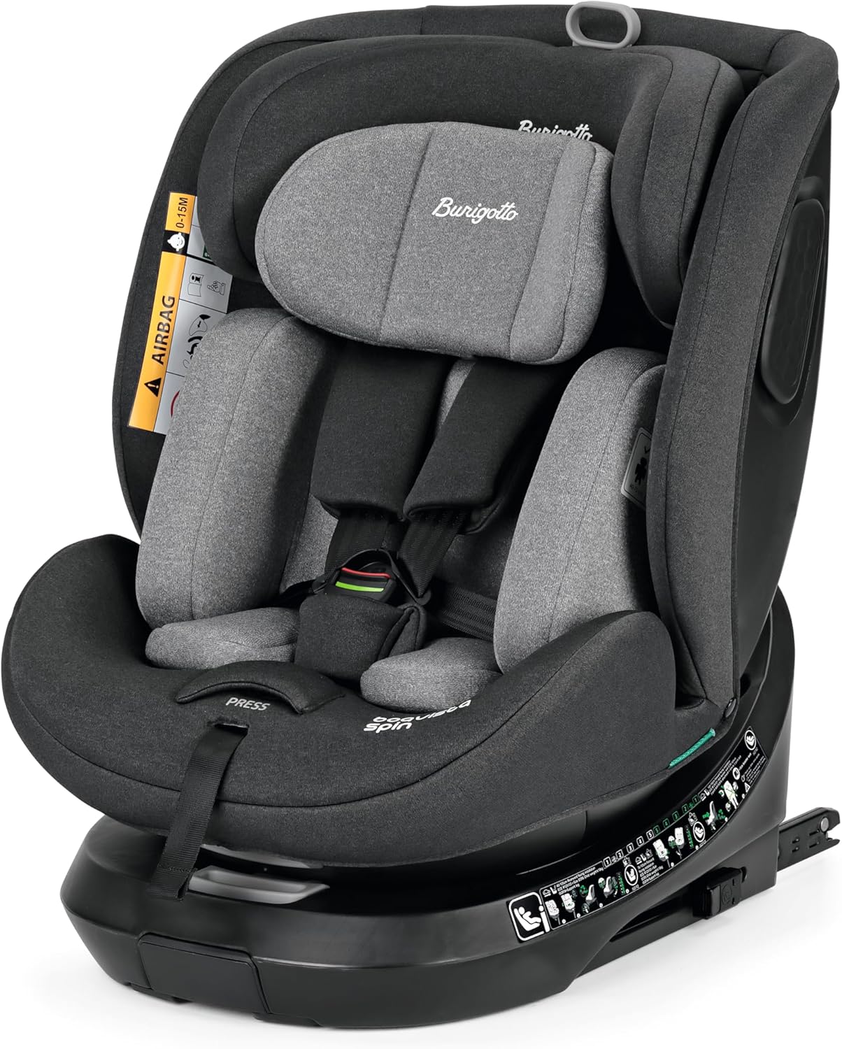 BURIGOTTO BOAVISTA SPIN BLACK GREY è il seggiolino auto girevole All-In-One omologato i-Size ECE R129/03 per bambini dalla nascita fino 150 cm di altezza (0-12 anni).