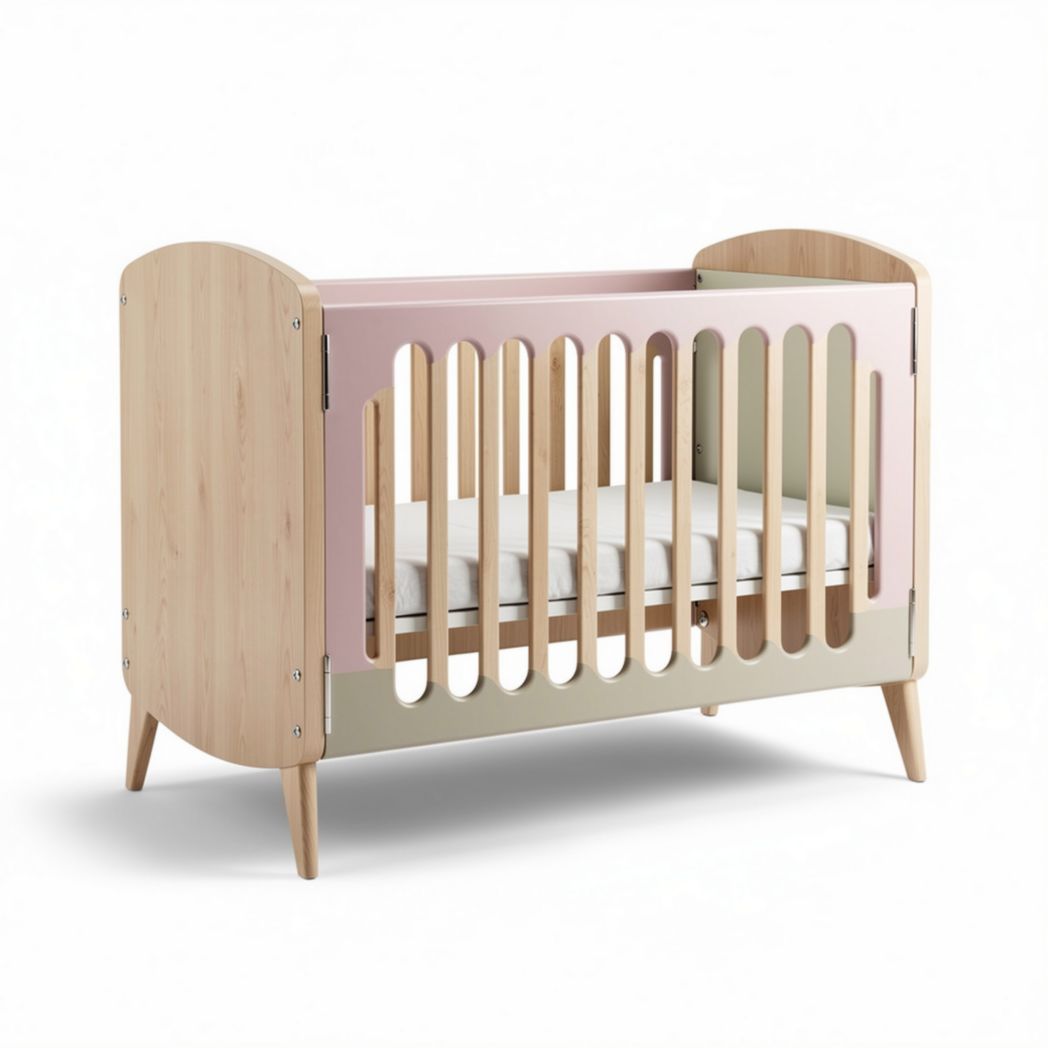 Culla in legno naturale con sponde rosa e verde dimensioni 120 x 60 x 90cm