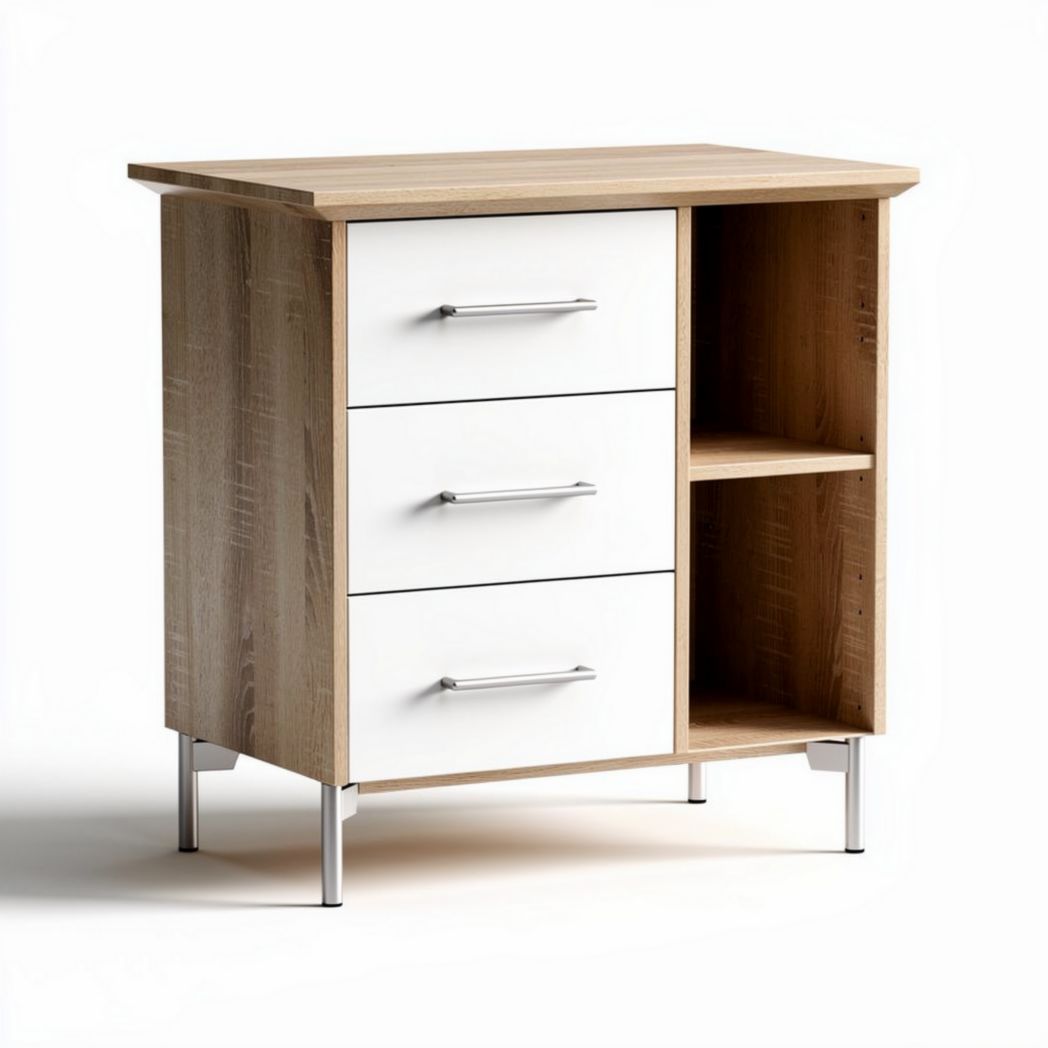 Mobiletto in legno con tre cassetti e ripiano aperto bianco 60 x 40 x 80cm