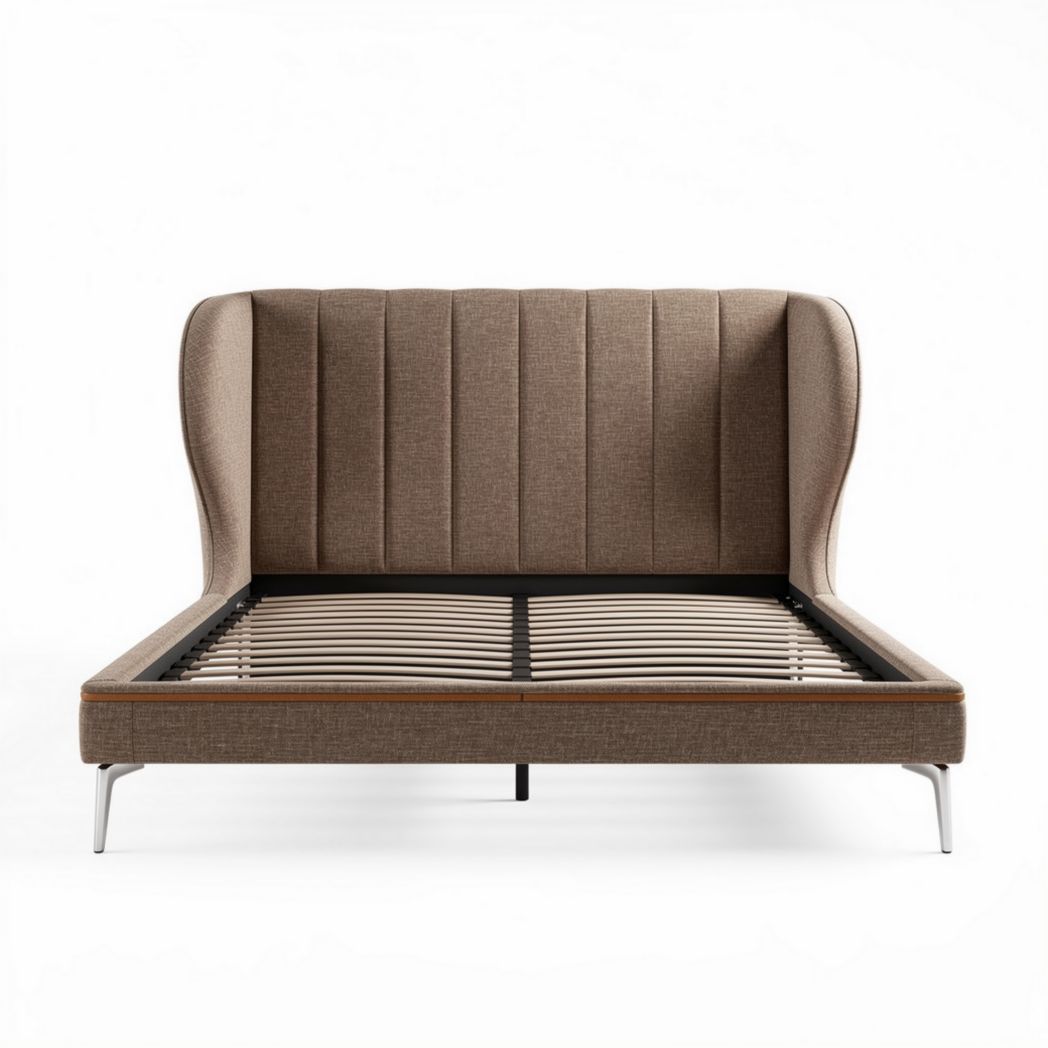 Letto matrimoniale in tessuto beige con testiera alta e struttura robusta 200 x 160 x 90cm