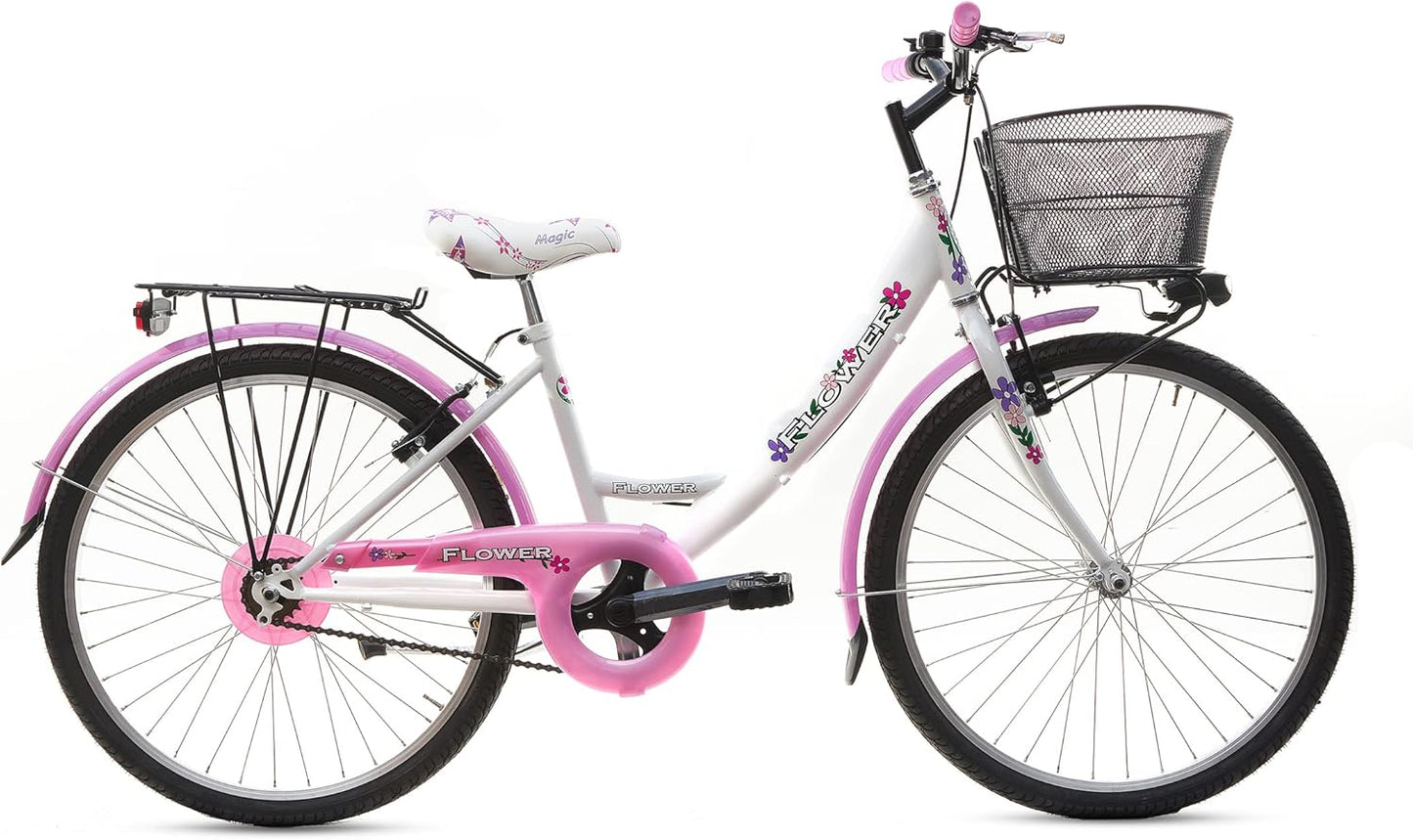 MADICKS Bicicletta Bambina Ragazza da Passeggio Misura 24 Bici con Cestino Floreale Bianco Rosa