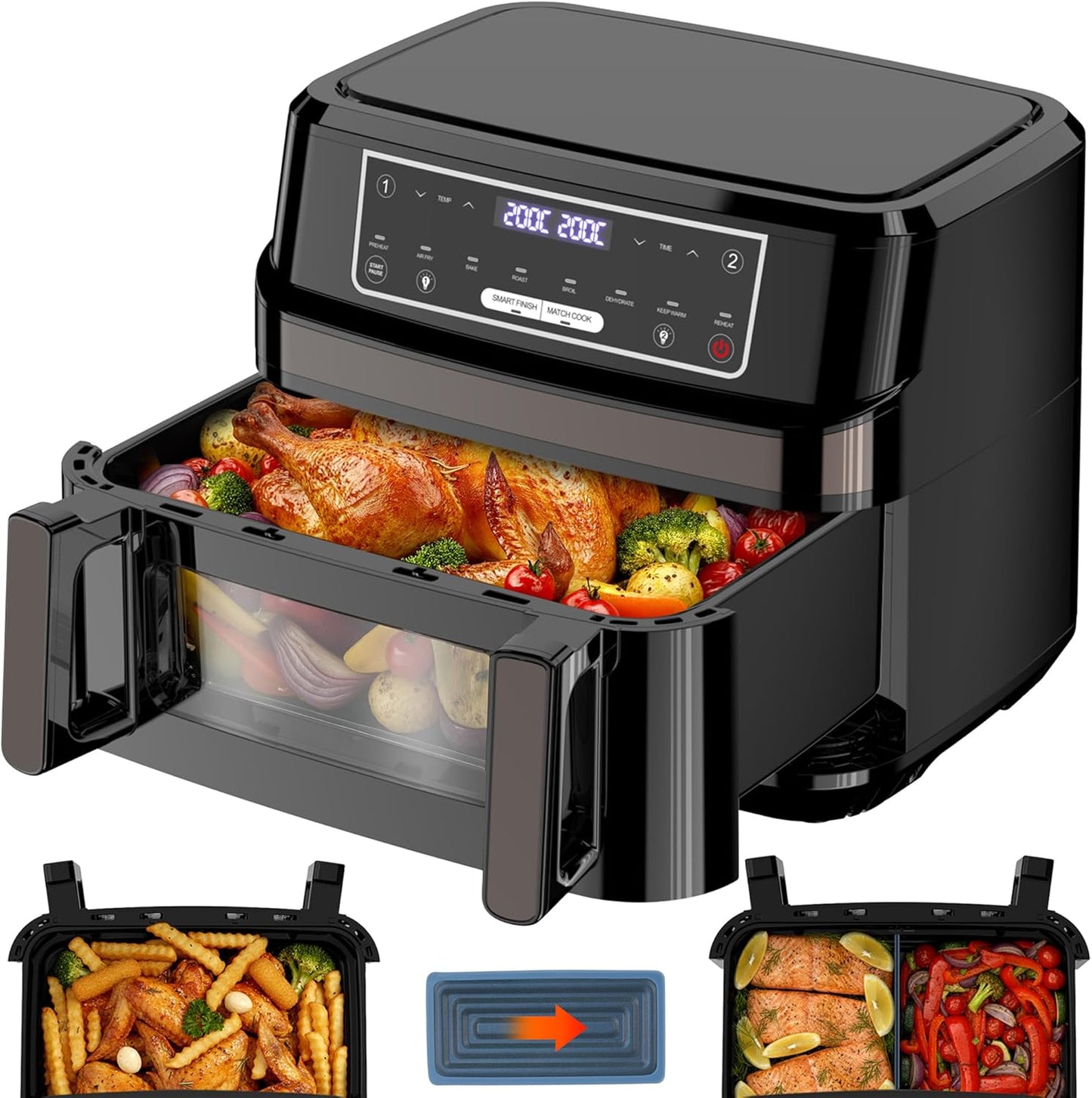 Friggitrice ad Aria 12 Litri | Air Fryer XXL Doppia Singola Zona Regolabile, 8-in-1 Friggitrice Aria Doppio Cestello Controllo Temp Indipendente, Airfrye Grande Max 200°C con Finestra Luce Interna