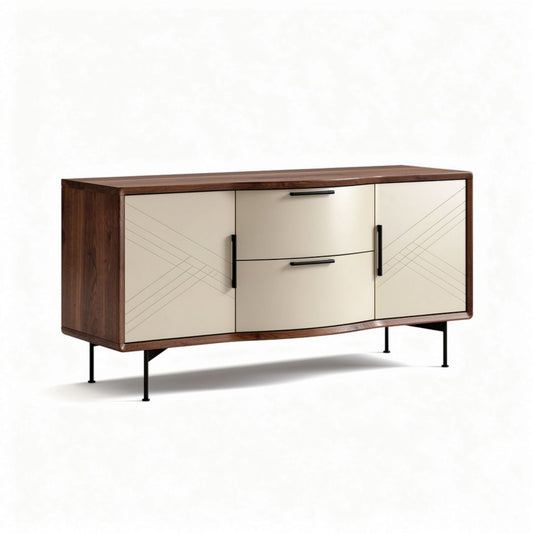 Mobiletto laterale in legno con ante beige e 3 cassetti 150 x 40 x 70cm