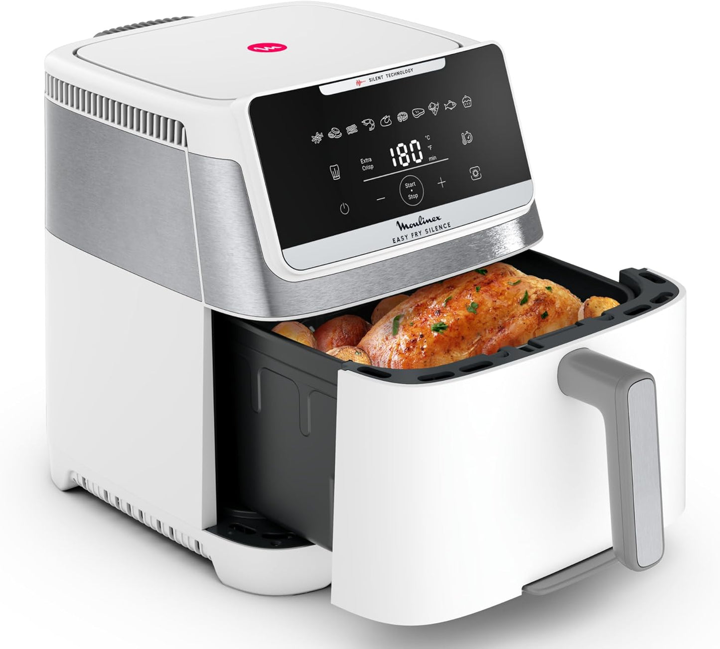 Moulinex Easy Fry Silence 7L, Friggitrice ad Aria Silenziosa XXL, Fino a 8 Persone, 10 Modalità, con Sistema Genius e Griglia di Cottura Regolabile, Colore Bianco, EZ8421(Bianco)