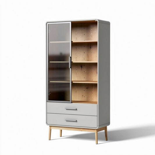Mobiletto vetrina bianco e legno con due ante e cassetti 70 x 35 x 150cm