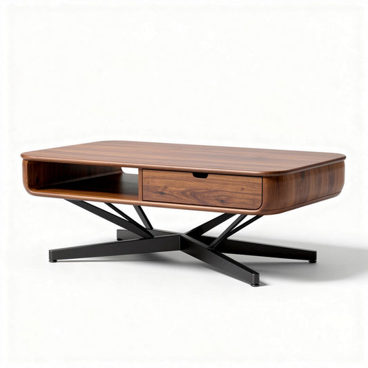 Tavolino da caffè in legno con cassetto e base nera 120 x 70 x 40cm