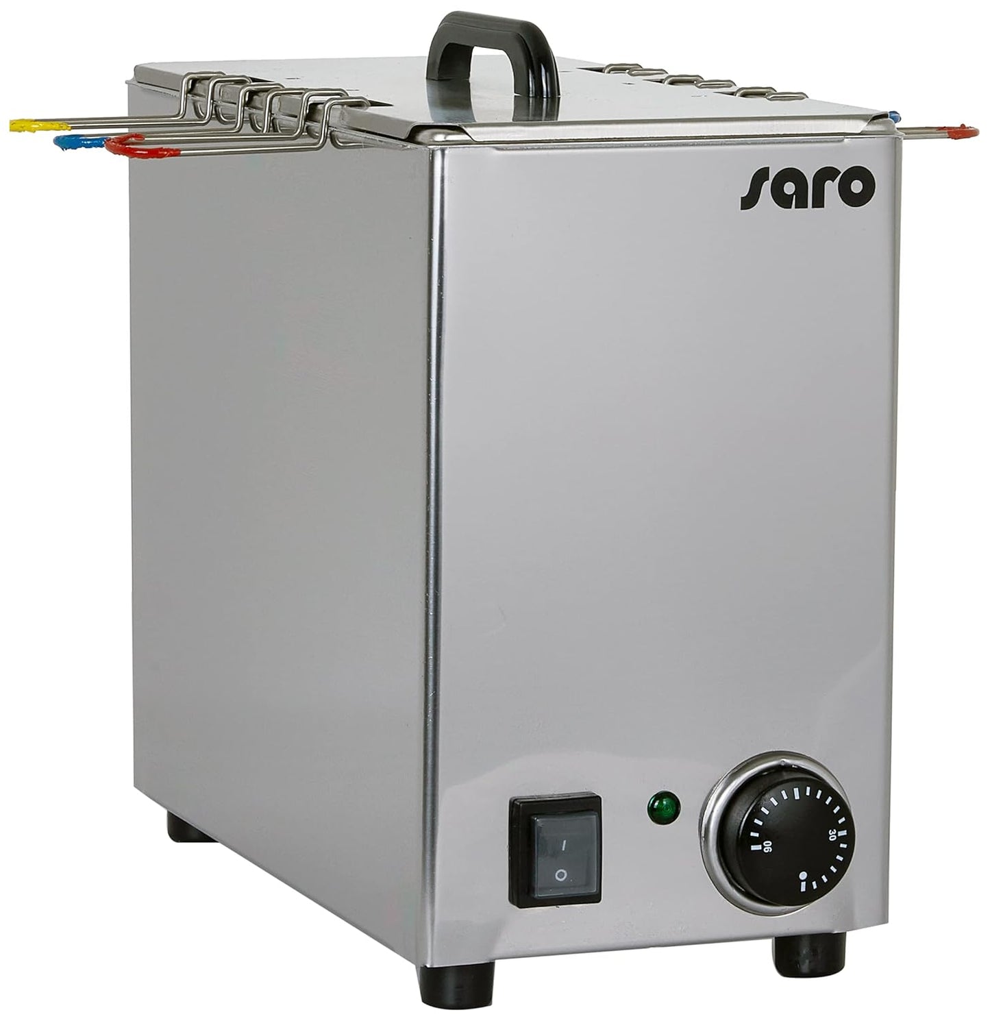 SARO DAMO - Cuociuova, per 6 uova, in acciaio inox, con termostato regolatore e di sicurezza, marcature di colore diverso, temperatura da 0 a 90 °C, da 1,2 kW